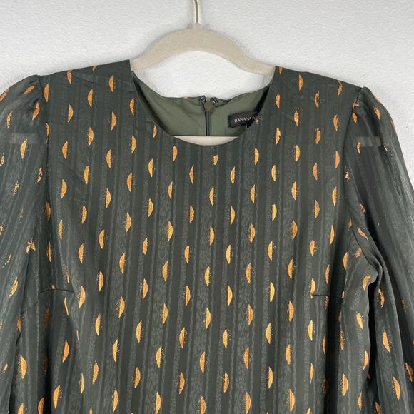Banana Republic Olive Green Gold lined Short Dress Sheer Sleeves size 2 Evening - Picture 2 of 13